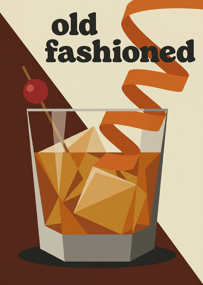 Amber Whiskey Cocktail Orange Peel Garnish Minimalist Graphic Bar Mixology Gift