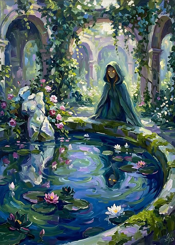 Mysterious Figure by a Lily Pond