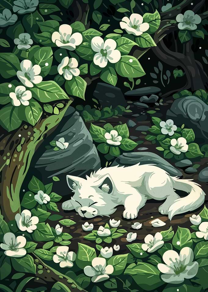 White Cat Sleeping Among Flowers