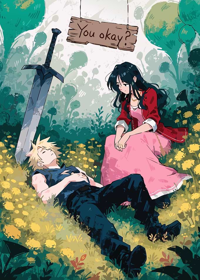 Cloud and Aerith in a Field