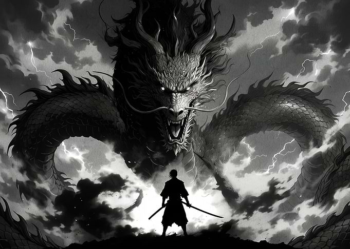 Samurai Confronts Giant Dragon in Storm