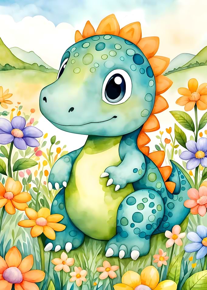 Cute Dinosaur in a Field of Flowers