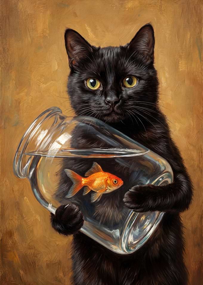 Black cat holding a goldfish bowl