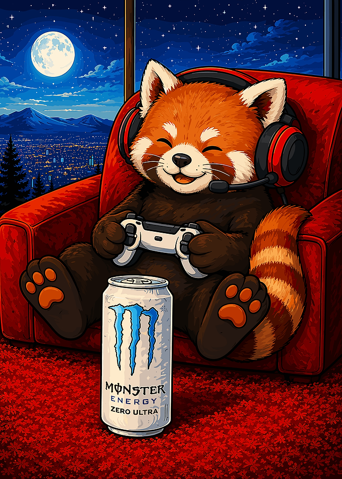 Cute Red Panda Gamer Poster Cozy Gaming Room Wall Art Cartoon Animal Print