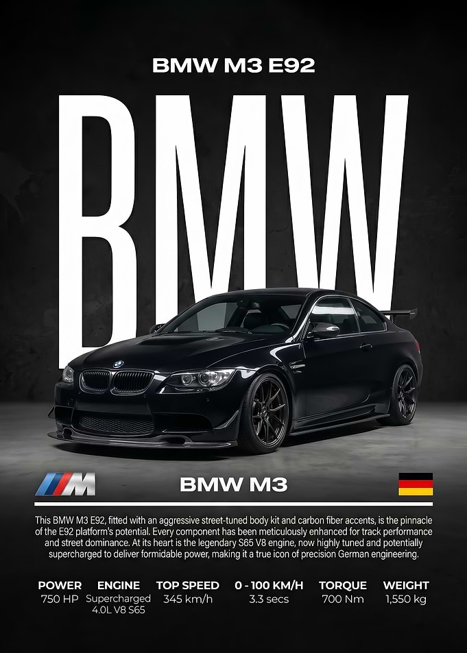 sleek black BMW M3 E92 Poster