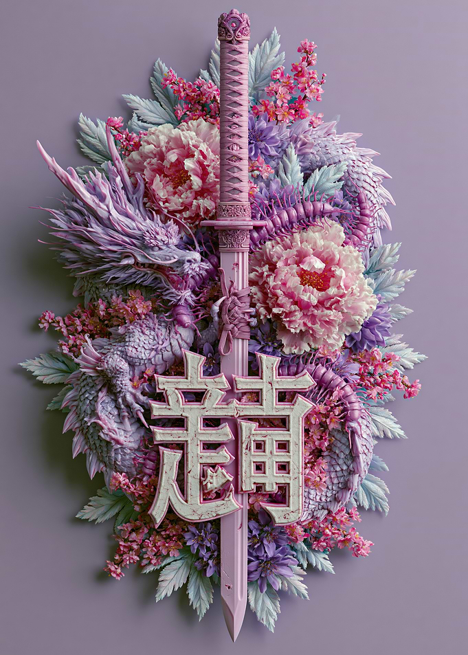 Pink Dragon and Katana with Flowers
