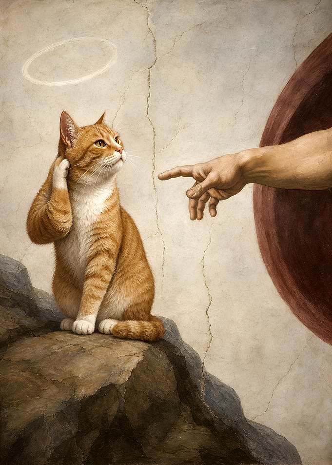 The Creation of Adam Cat and God Hand
