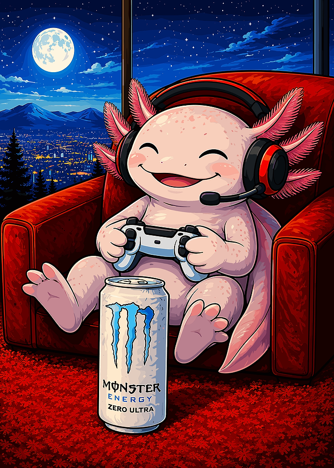Cozy Gamer Axolotl – Cute Night Gaming Setup Kawaii Poster
