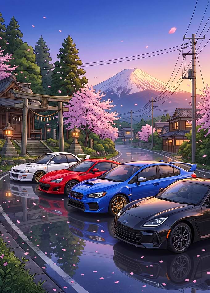 Subaru Car with Mount Fuji and Cherry Blossoms