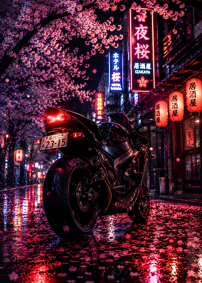 Motorcycle in a Rainy Japanese Street