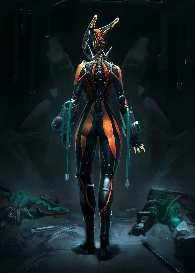 Warframe character in dark setting