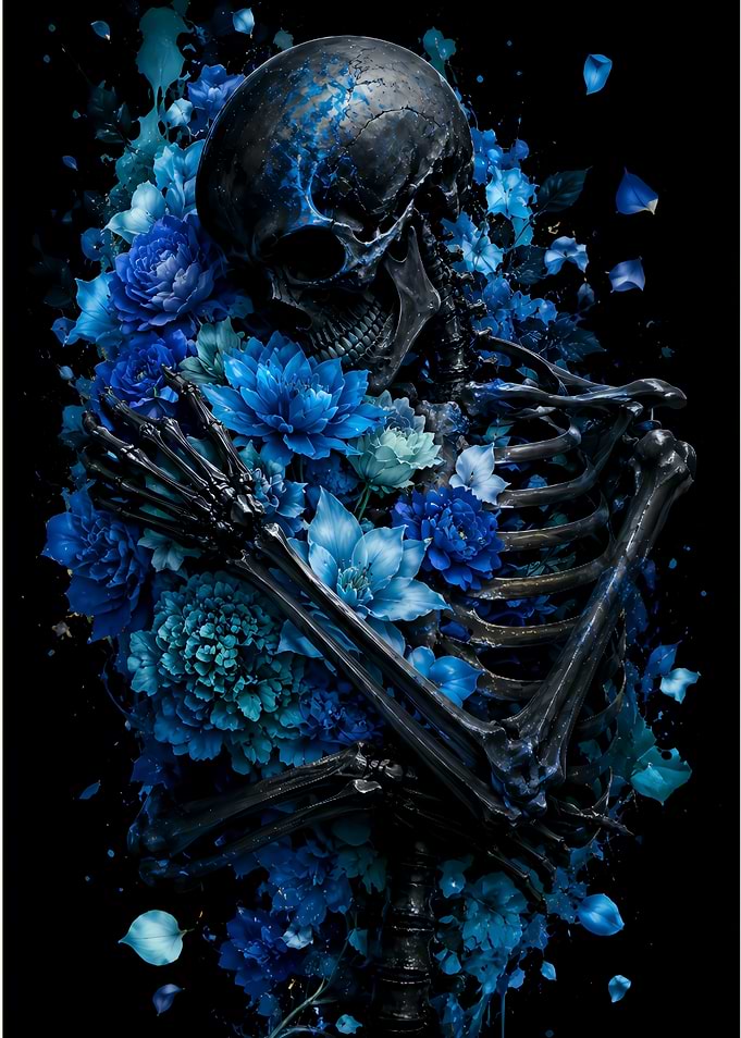Skeleton Embracing Blue Flowers