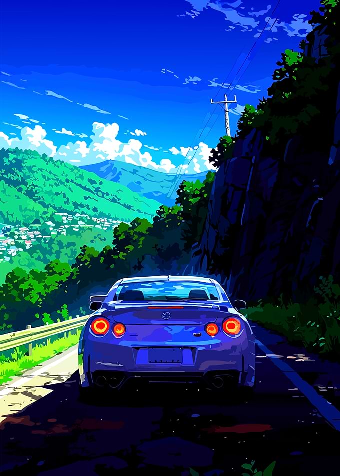 Anime Car Driving on Mountain Road