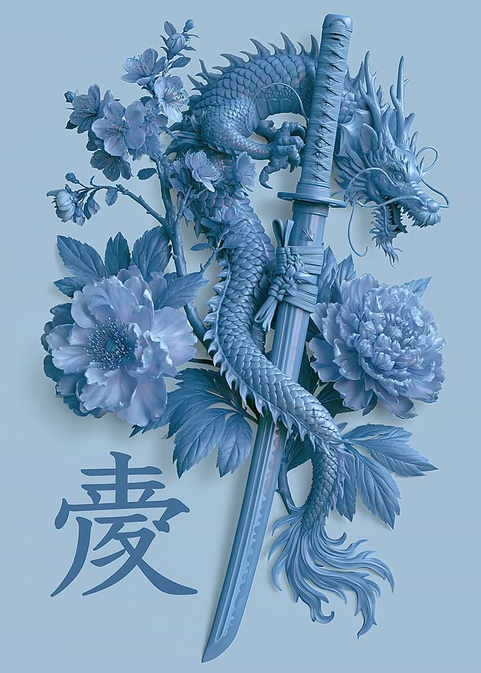 Blue Dragon Katana and Peonies