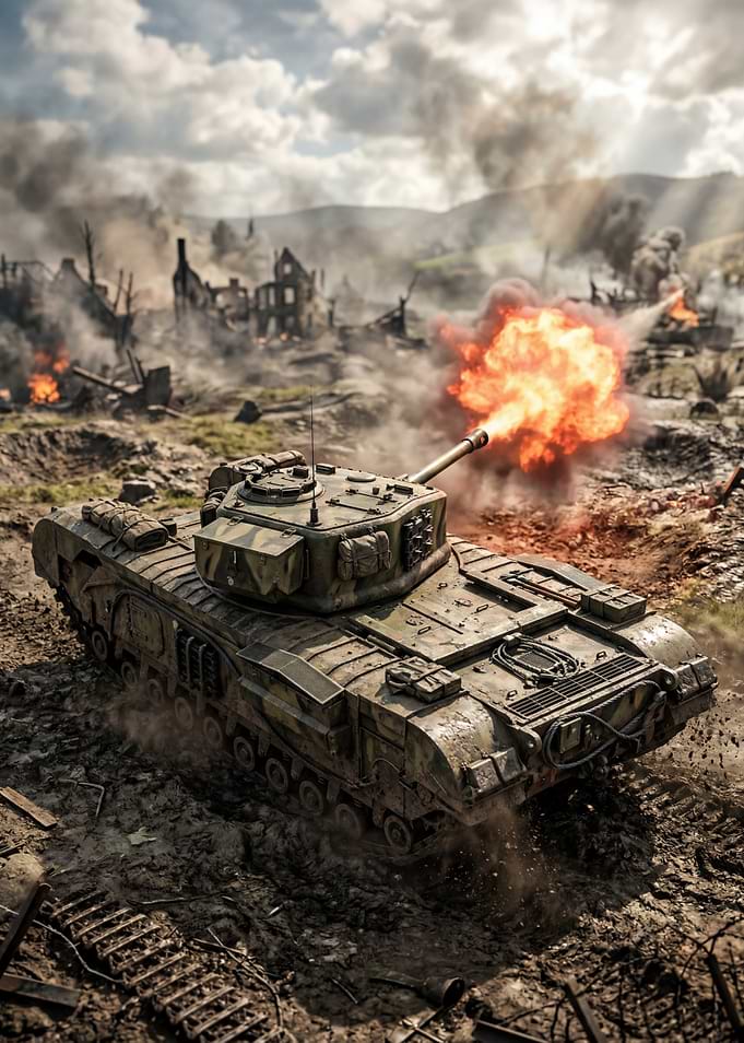 Tank firing in a war-torn landscape