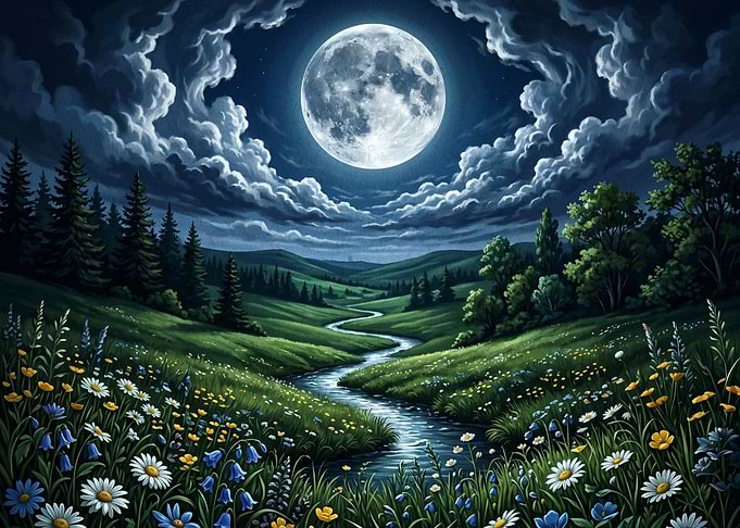 Moonlit Meadow with Winding River