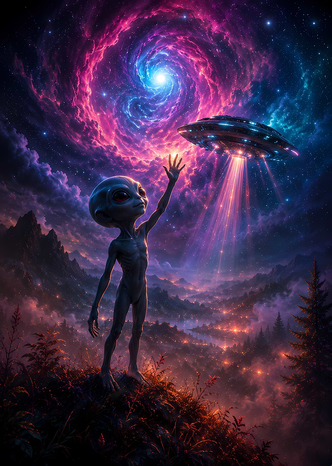 Alien Reaching for UFO in Cosmic Sky