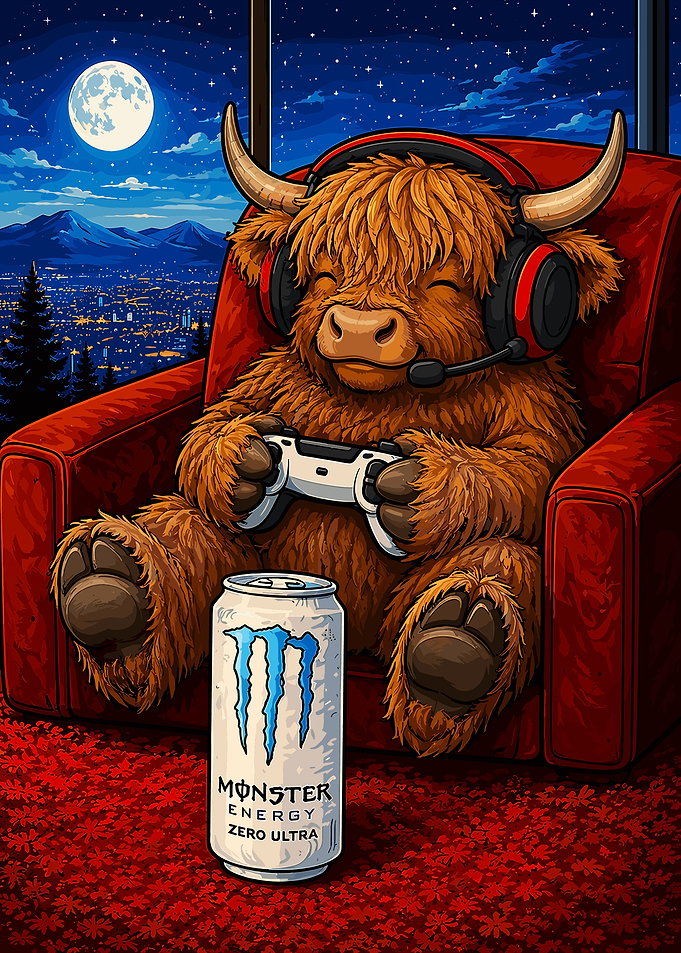 Highland Cow Gamer Poster Gaming Setup Wall Art Night Sky Moon Aesthetic