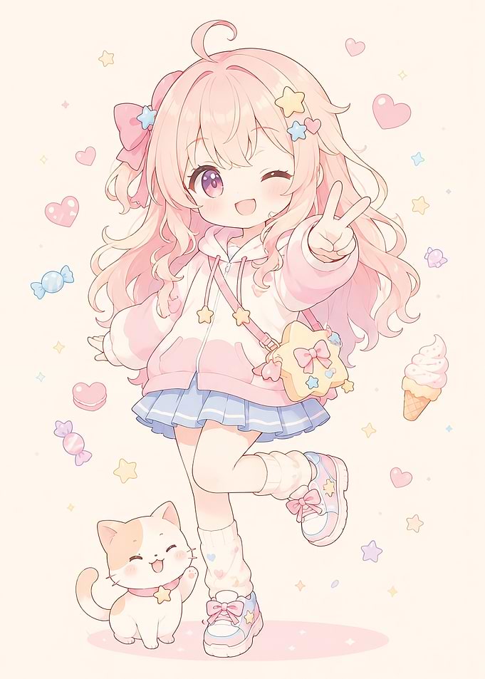 Cute Anime Girl with Cat and Sweets