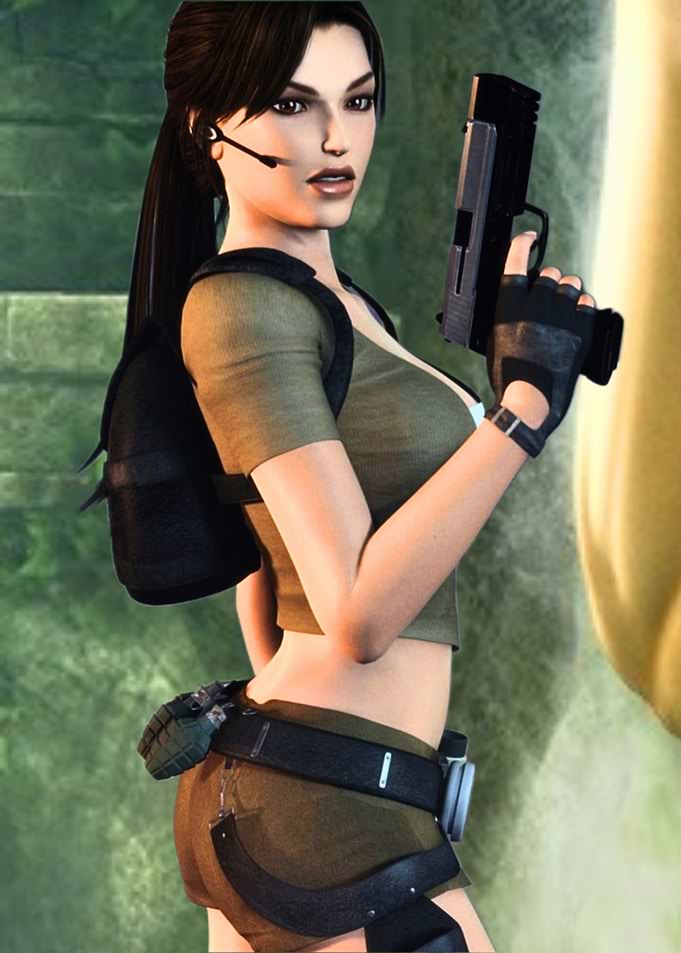 Lara Croft holding a pistol