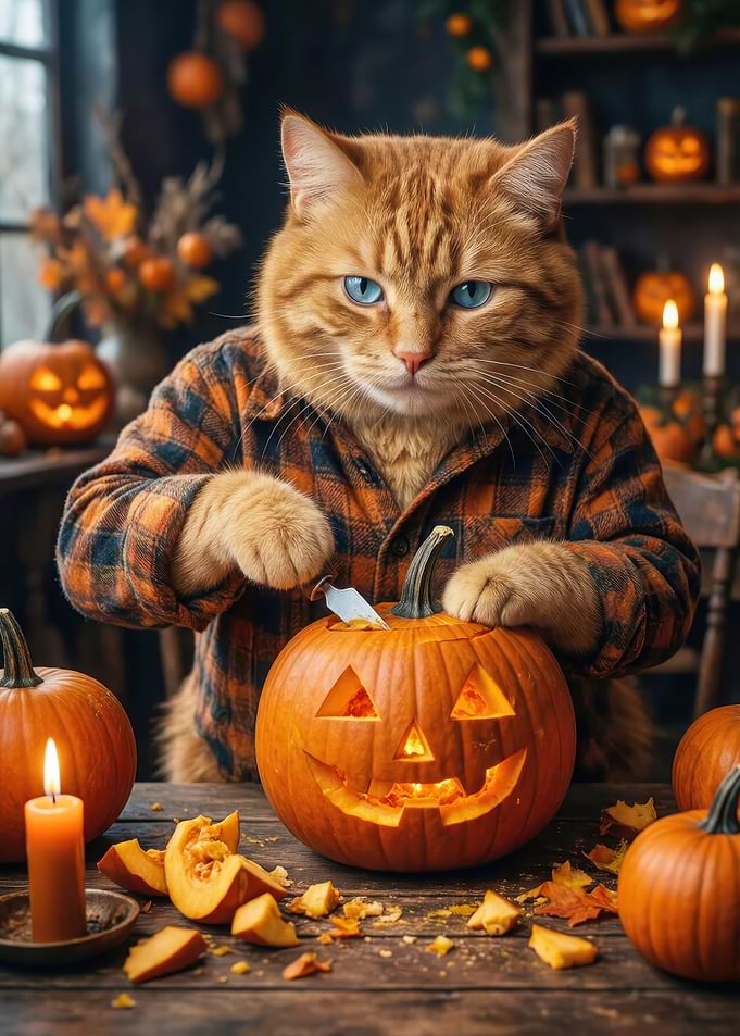 Cat Carving a Halloween Pumpkin