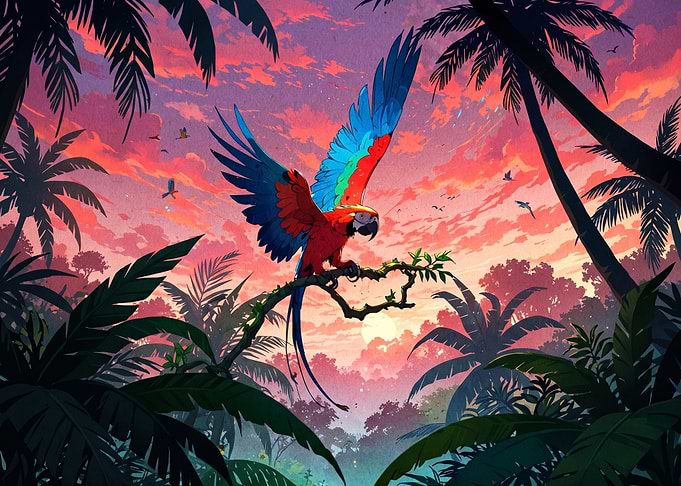 Macaw Parrot in Tropical Sunset