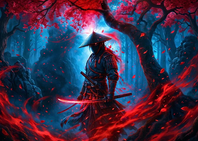 Samurai Warrior in Red Forest