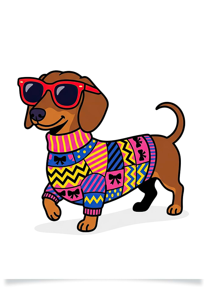 Dachshund Wearing Sunglasses and Sweater