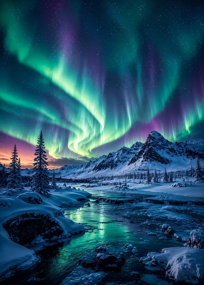 Aurora Borealis Over Snowy Mountains