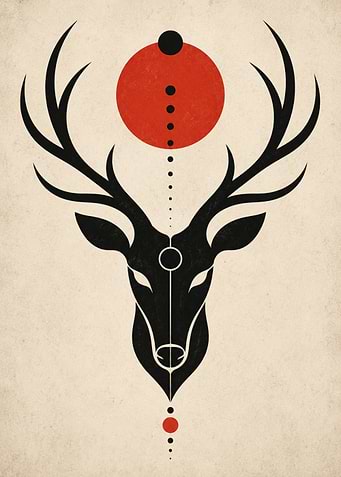 Geometric Deer with Red Sun Symbol
