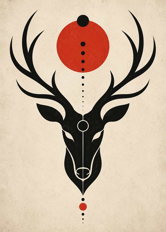 Geometric Deer with Red Sun Symbol