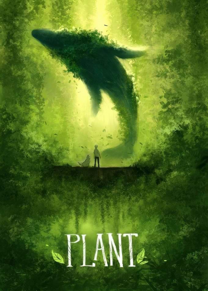 Whale made of plants in a forest