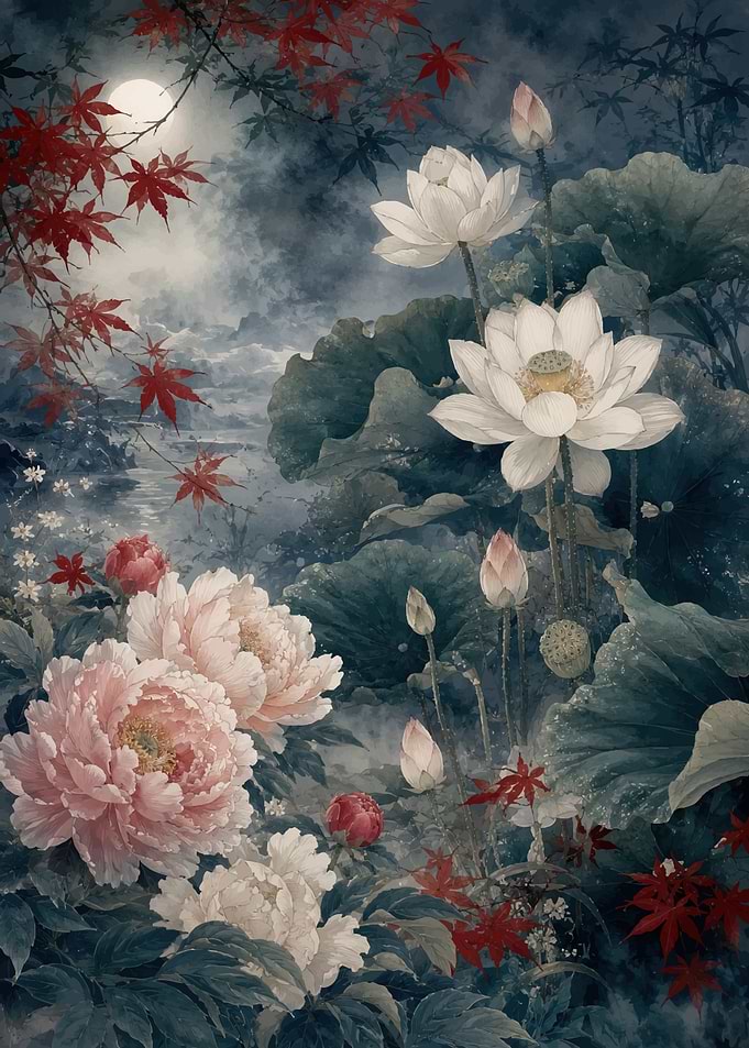 Moonlit Lotus and Peony Garden