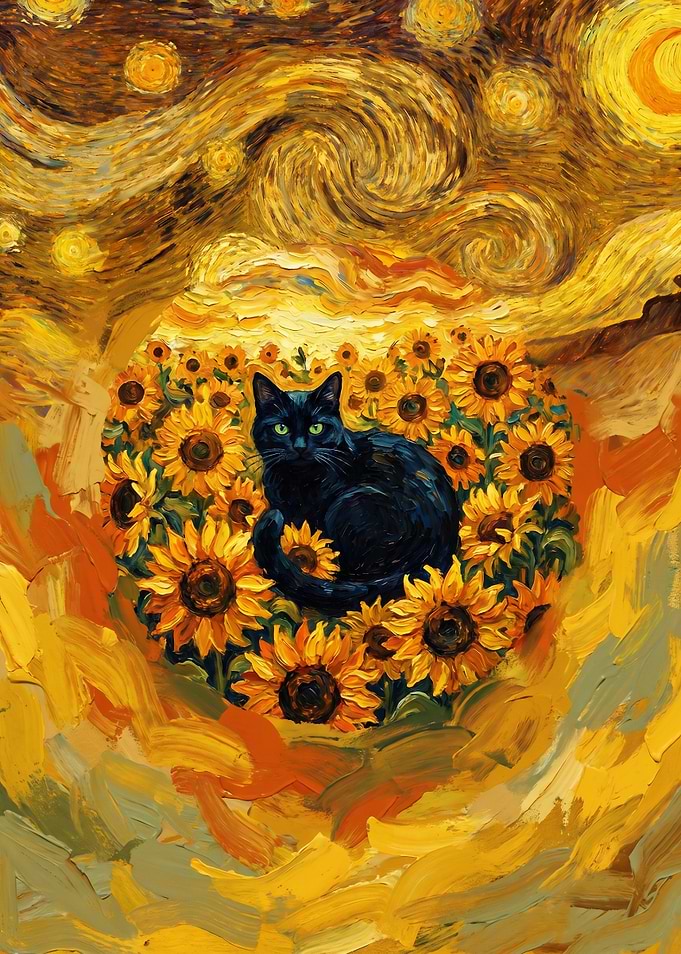 Black Cat in Sunflowers Field Vincent Van Gogh Paintings Starry Night Sunflowers Artwork