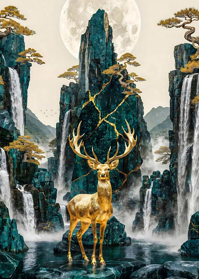 Golden Deer with Antlers in a Moonlit Mountain Landscape