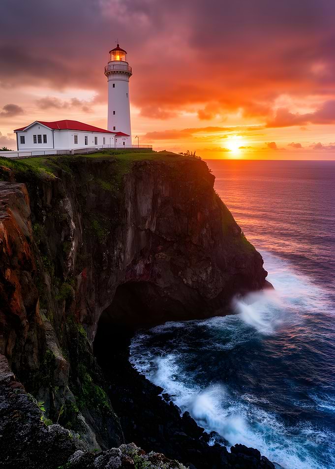 Lighthouse at Sunset Over Ocean Cliffs