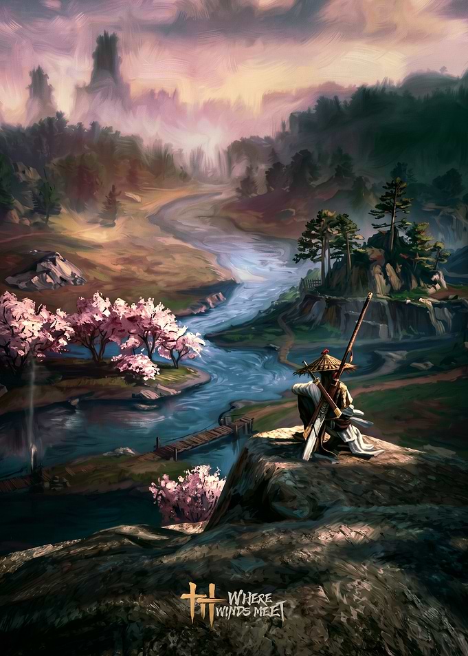 Samurai overlooking a serene landscape
