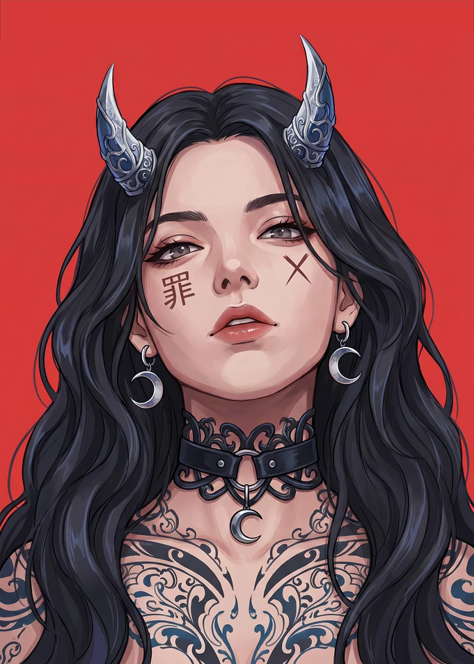 Gothic Anime Demon Girl Silver Horns