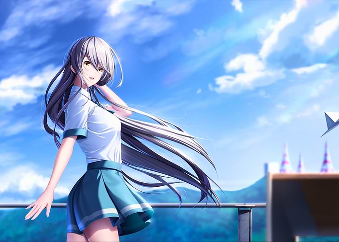 Anime Girl in School Uniform Under Blue Sky