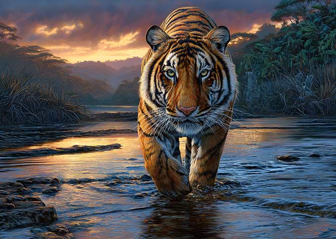 Tiger Walking Through Water at Sunset