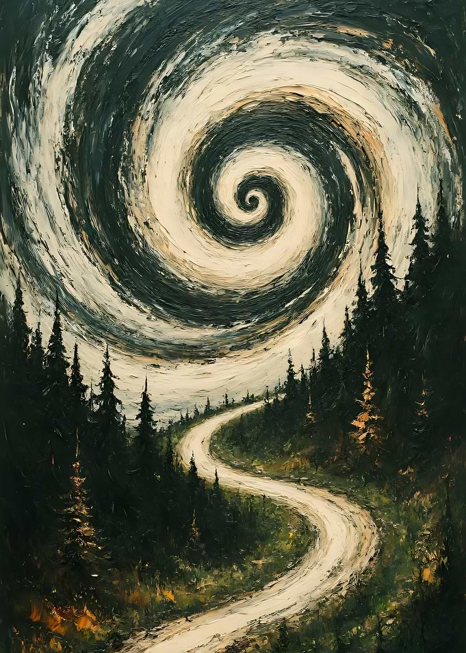 Swirling Sky Over Forest Road