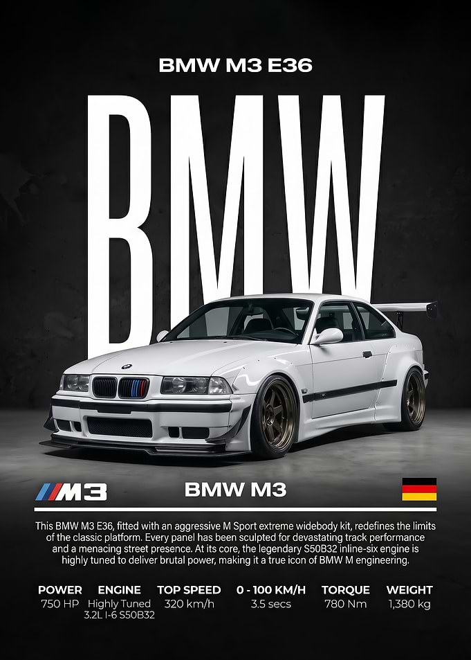 sleek white BMW r36 Widebody car Poster