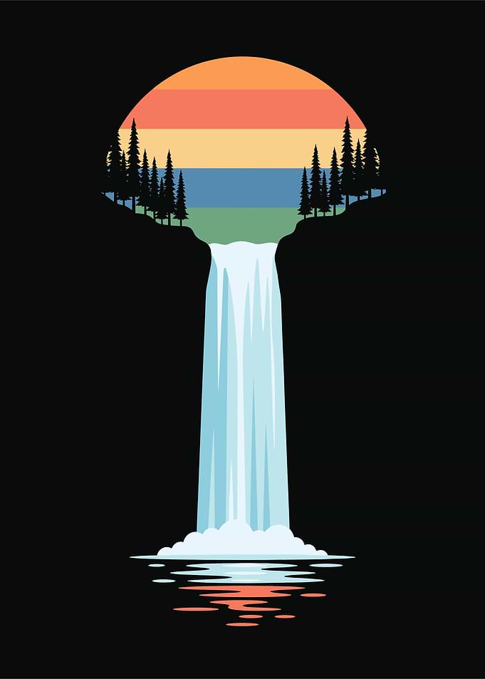 Retro Sunset Waterfall Landscape
