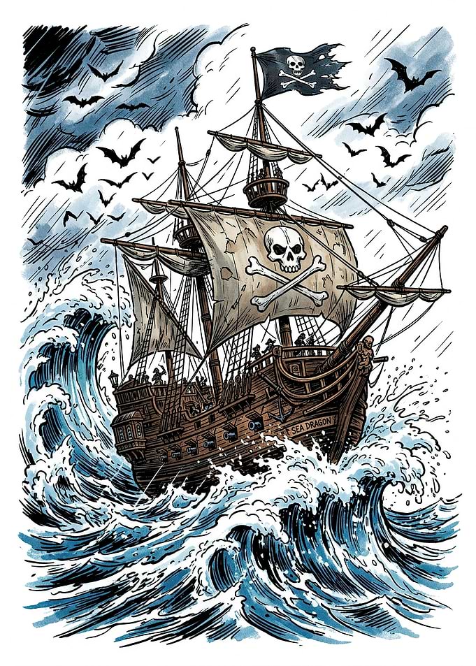 Pirate Ship in Stormy Seas