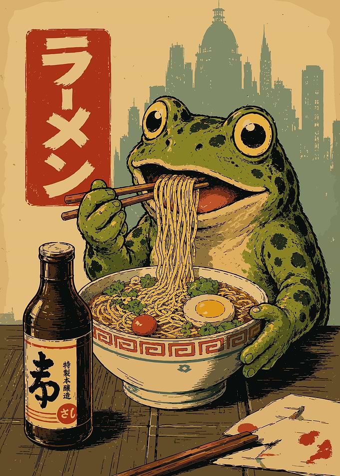 Cute Frog Ramen Poster Retro Japanese Cityscape Animal Wall Art