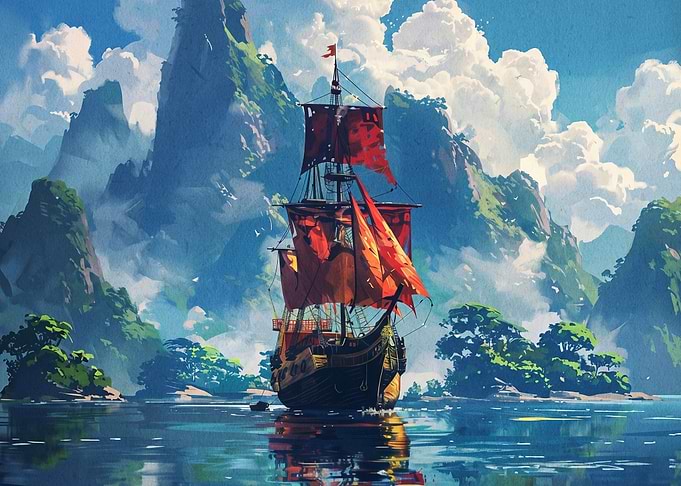 Pirate Ship Sailing Through Islands