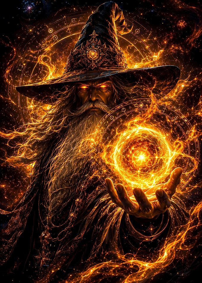 Wizard casting a spell with a fireball