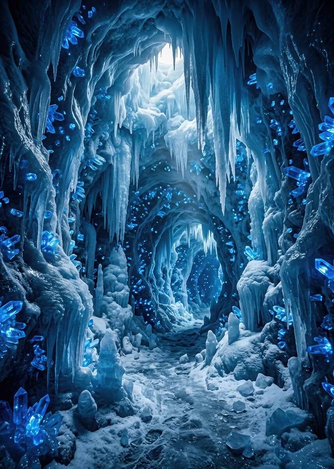Enchanted Ice Cave with Blue Crystals