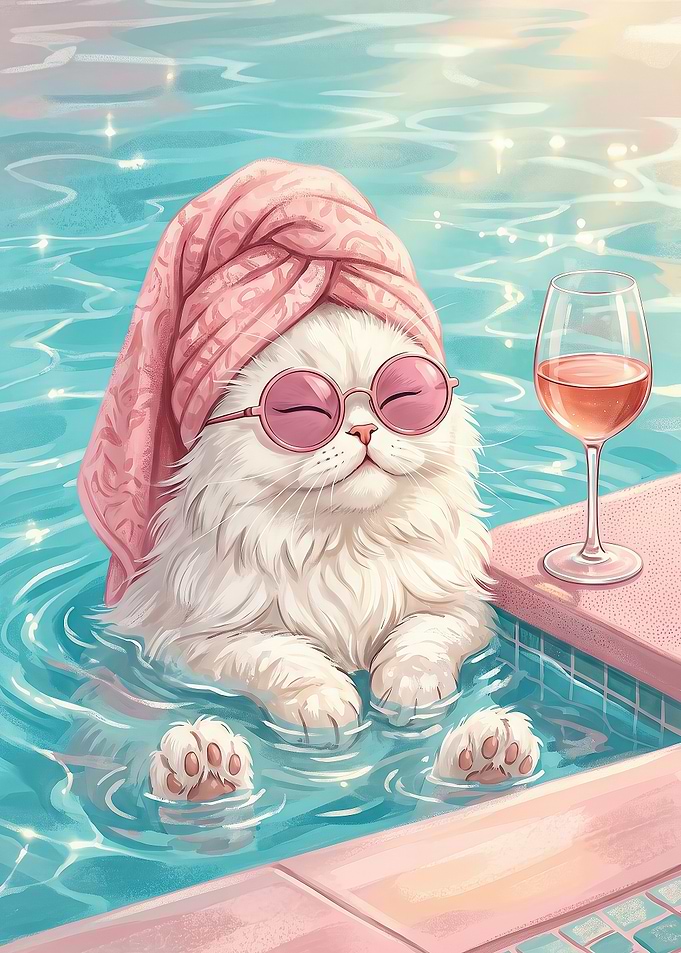 Cat Relaxing in Pool with Wine