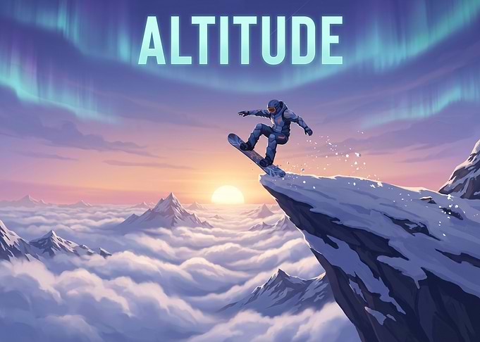 Snowboarder jumping over clouds at sunset